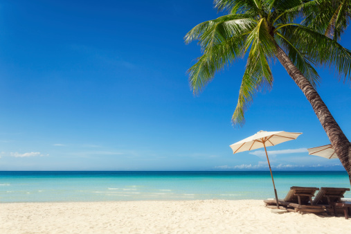 Sun chairs and parasol under a palm tree at a tropical beach.