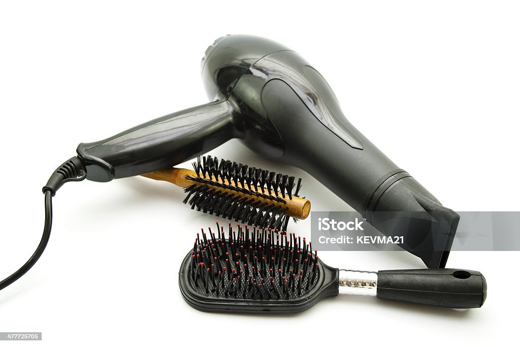Black Hairdryer with Different Hairbrush Black Hairdryer with Different Hairbrush on white background Beauty Stock Photo