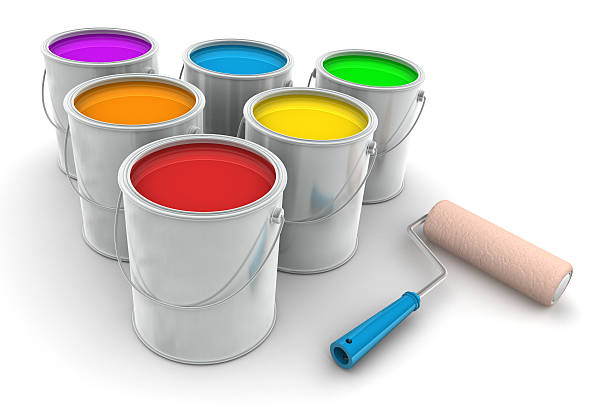 istock Six Tin of Paint and Roller Brush 477726529