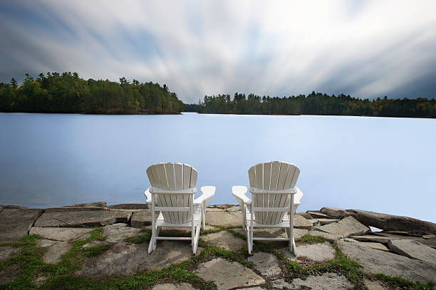 istock White Muskoka chairs facing a calm lake 477727034