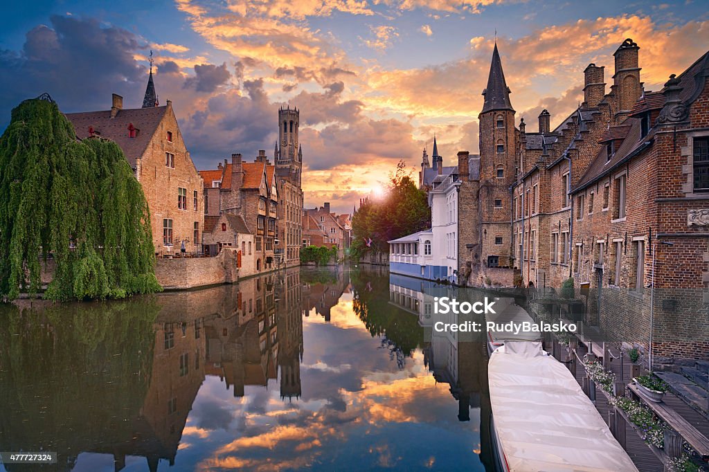 Bruges. Image of famous most photographed location in Bruges, Belgium during dramatic sunset. Bruges Stock Photo