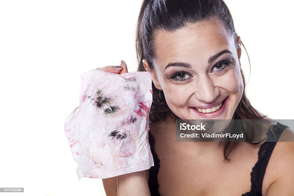 dirty wipe nice beautiful girl shows wet wipes by which removes her makeup Facial Tissue Stock Photo