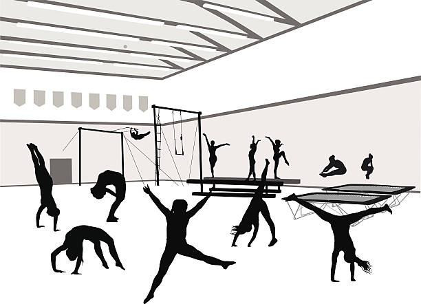 Gym And Gymnasts A vector silhouette illustration of abusy gymnastics gym with many gymnasts performing. gym workout silhouettes stock illustrations