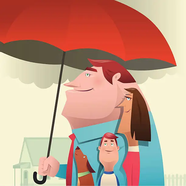 Vector illustration of man holding umbrella with family