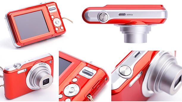 set of red compact zoom digital camera over white