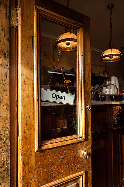 istock Funky Wood Cafe Door Open with Open Sign 477742383