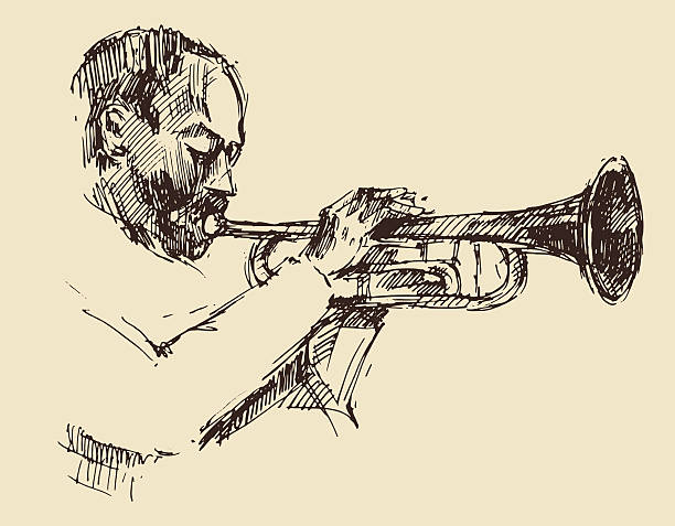 illustrazioni stock, clip art, cartoni animati e icone di tendenza di jazz uomo a suonare la tromba, schizzo a mano libera - funk jazz