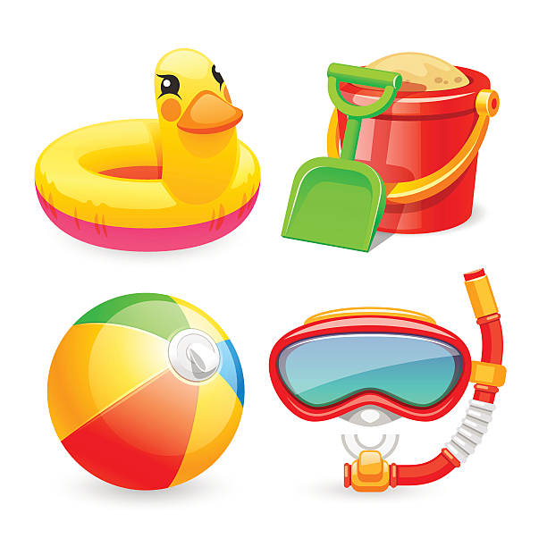Colorful Beach Toys Icons Set Colorful Beach Toys Icons Set for Your Sea and Child Projects. Isolated on white background. Clipping paths included in JPG file. sand pail and shovel stock illustrations