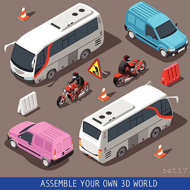 제품의 등각투영 평편 3d 차량 관광 설정 - bus coach bus travel isolated stock illustrations