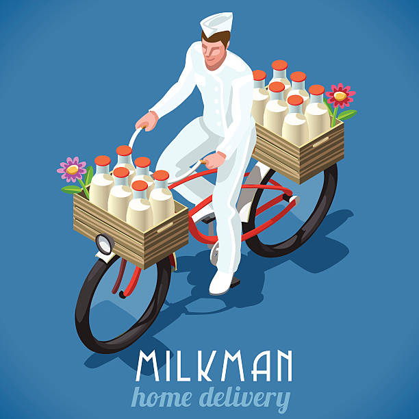 ilustraciones, imágenes clip art, dibujos animados e iconos de stock de repartidor de leche bicicleta vintage isométricos - milkman