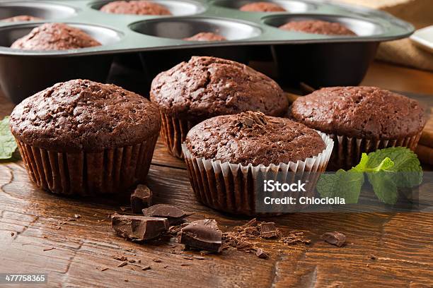 Chocolate Muffins Closeup Stock Photo - Download Image Now - Chocolate, Muffin, Backgrounds