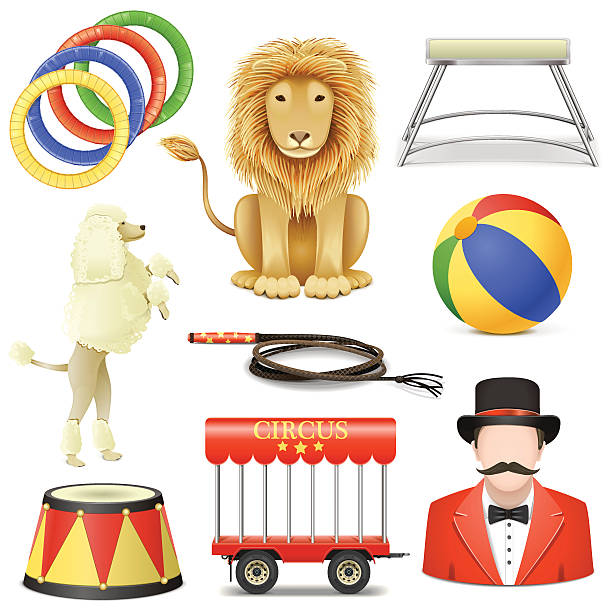 illustrazioni stock, clip art, cartoni animati e icone di tendenza di vettoriale icone set 3 circo - circus lion