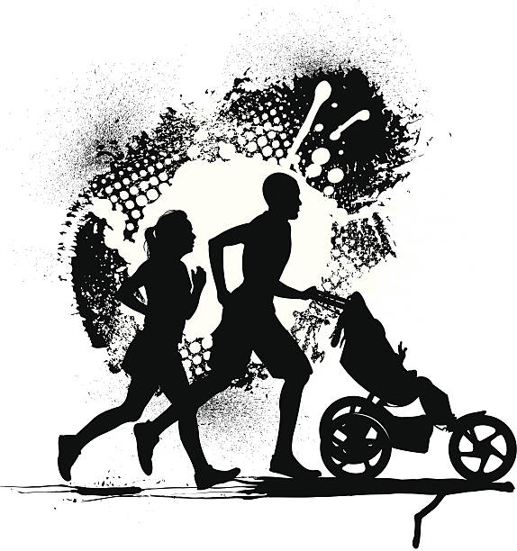 interracial paar joggen mit baby - langstreckenlauf stock-grafiken, -clipart, -cartoons und -symbole