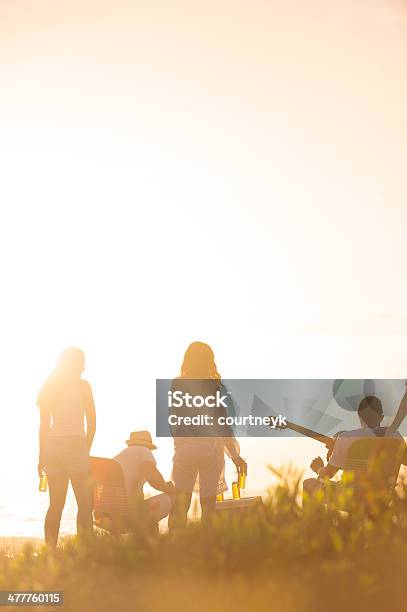 Friends On Beach At Sunset Stock Photo - Download Image Now - 20-29 Years, Adult, Back Lit
