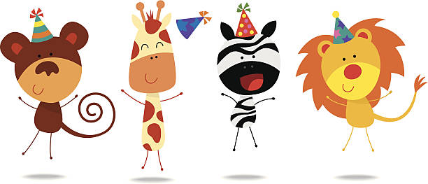 Cute animals with birthday hats 2 vector art illustration