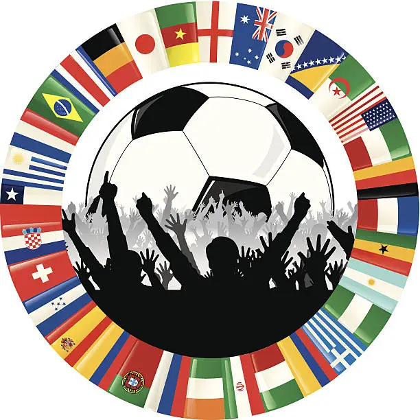 Vector illustration of Soccer Ball, Cheering Fans, and Circle of Flags