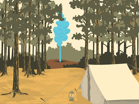 Vector-style illustration of a camp site at Yellowstone National Park with a geyser in the background.