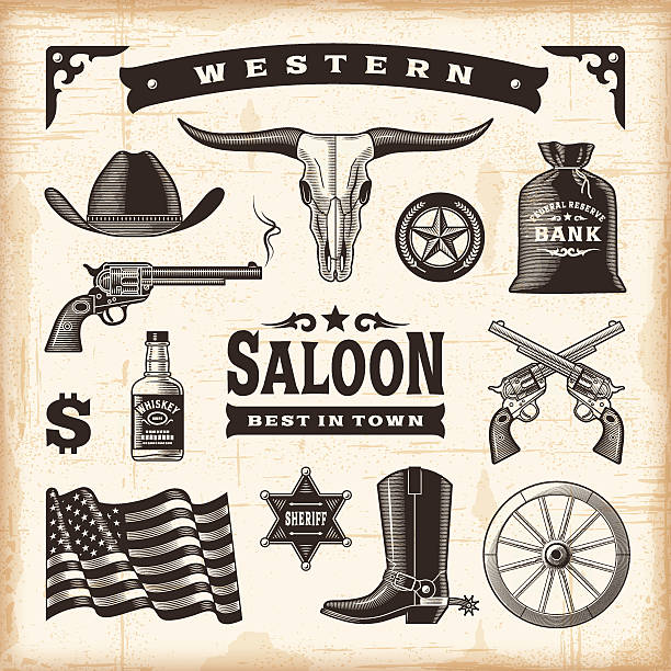 illustrazioni stock, clip art, cartoni animati e icone di tendenza di set di vintage in stile western - wagon wheel