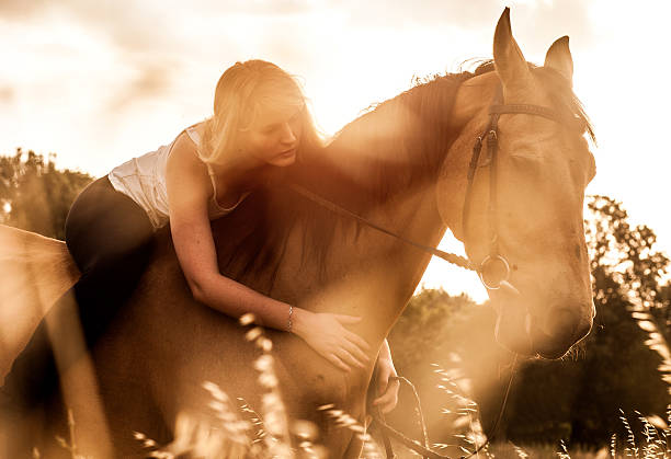 istock Young woman riding a horse in nature 477771128