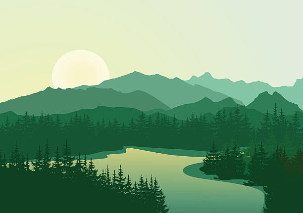 ilustrações de stock, clip art, desenhos animados e ícones de belo nascer do sol no lago de montanha - layered mountain peak summer light