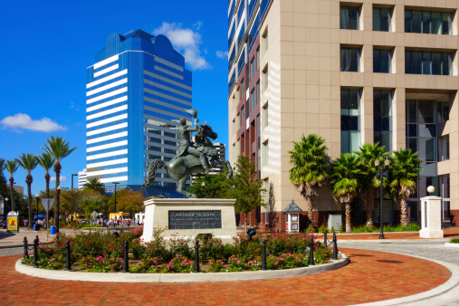 Jacksonville, USA - November 23, 2013: The Equestrian Statue of Andrew Jackson, the first US governor of Florida and 7th president of the US, sculpted by Clark Mills in 1853, located in downtown Jacksonville, Florida.