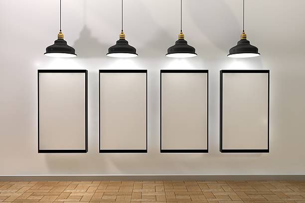 blank frame poster in room with ceiling lamp
