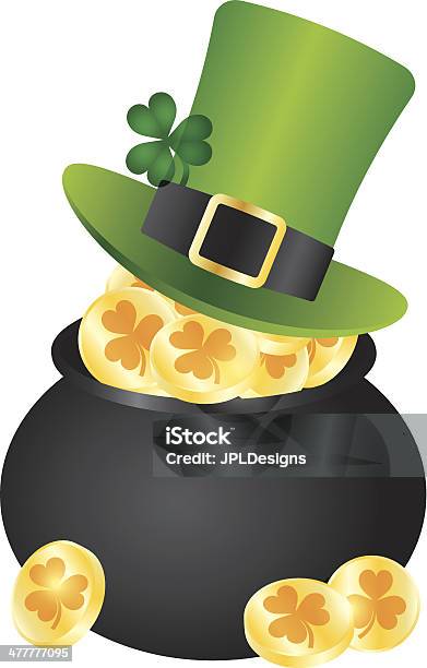 St Patricks Day Leprechaun Cappello Pentola Doro Illustrazione - Immagini vettoriali stock e altre immagini di Bianco