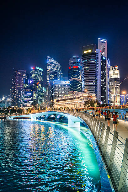 Skyline of the Singapore downtown at night from the marina Skyline of the Singapore downtown at night from the marina singapore stock pictures, royalty-free photos & images