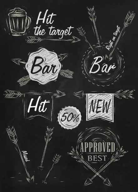 Vector illustration of Set emblem Bar, Boom Arrow chalk