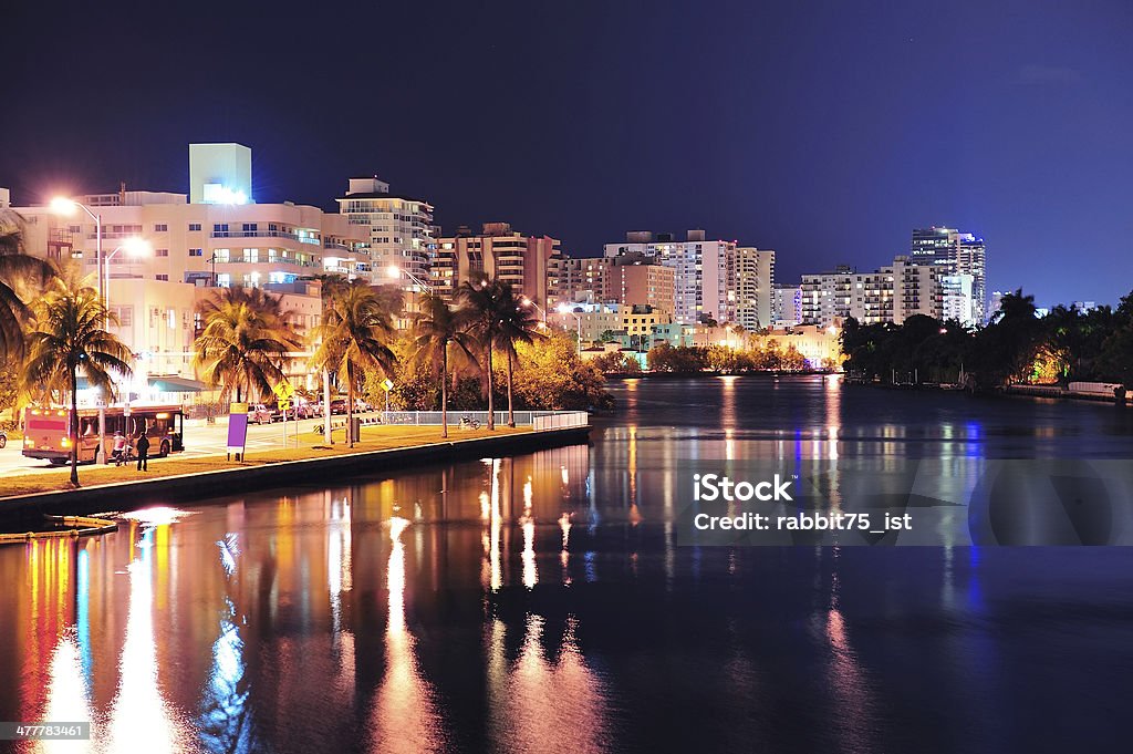 Miami south beach street Miami south beach street view with water reflections at night Architecture Stock Photo