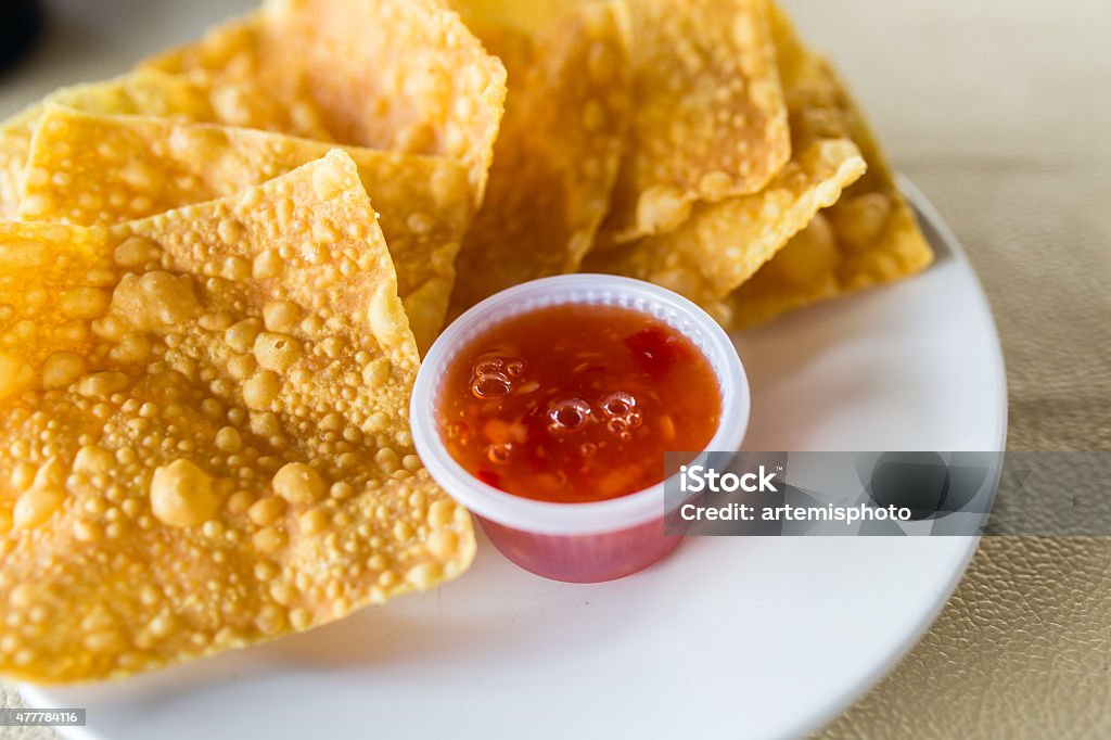 Fries dumpling Fries wonton or dumpling in plate with sauce 2015 Stock Photo