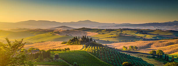 Scenic Tuscany landscape panorama at sunrise, Val d'Orcia, Italy Scenic Tuscany landscape panorama with rolling hills and harvest fields in golden morning light, Val d'Orcia, Italy. siena italy stock pictures, royalty-free photos & images