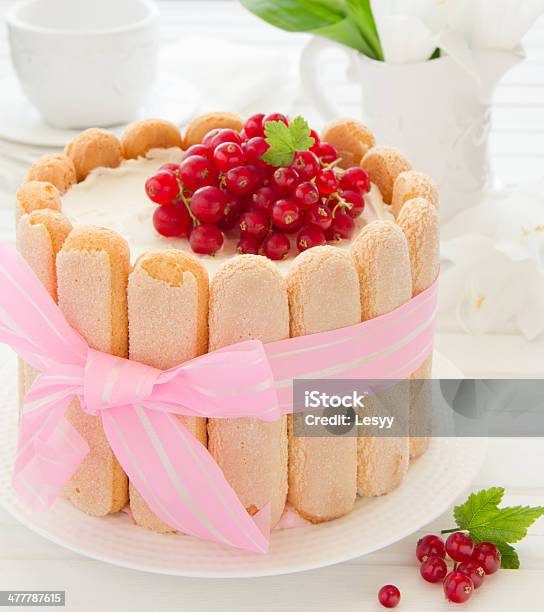 Cake Charlotte With Raspberries And Cream Selective Focus Stock Photo - Download Image Now