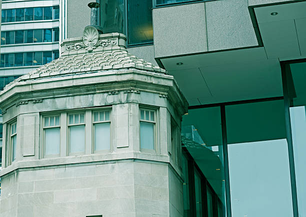 Old bridge tender's tower below office buildings in Chicago IL