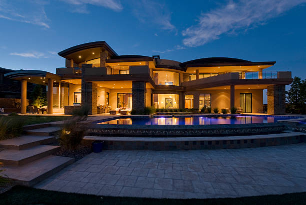istock Modern Building With Swimming Pool At Dusk 477790721