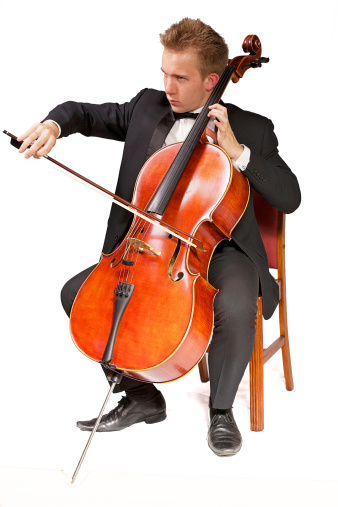 young caucasian cello player with white background