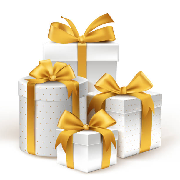 istock Realistic 3D White Gifts with Colorful Gold Ribbons Wrap 477795062