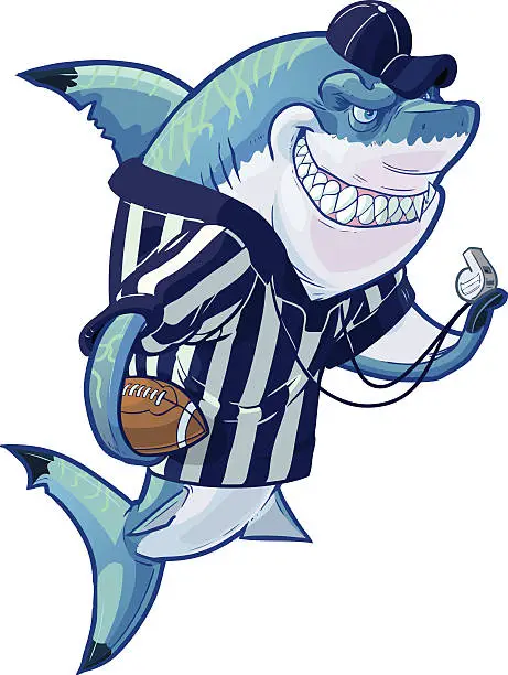 Vector illustration of Mean Cartoon Referee Shark with Football and Whistle