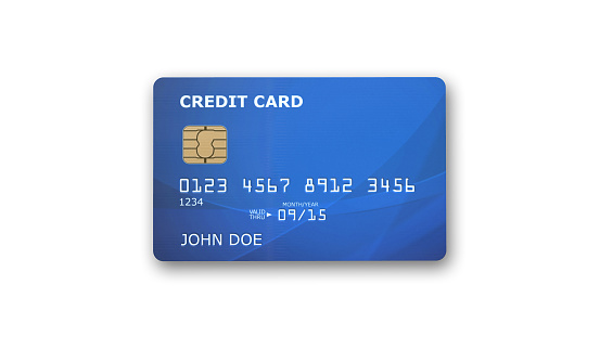 Blue credit card with microchip isolated on white background