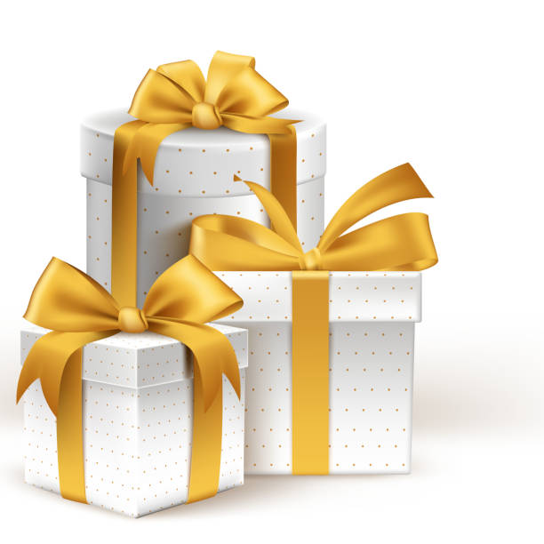 istock Realistic 3d White Gifts with Colorful Gold Ribbons Wrap 477795164