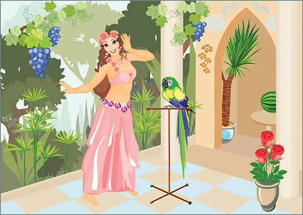 Vector illustration of Dancer belly dancing in pink dress on background of palace