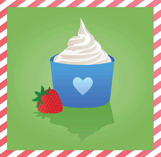 Frozen yogurt in a cup with a strawberry Vector illustration of frozen yogurt or ice cream cone in a blue cup with heart and red strawberry on green background. chandler strawberry stock illustrations