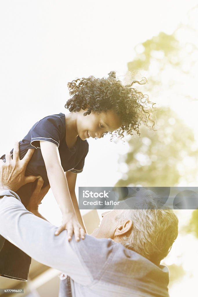 Higher grandpa, higher! A grandfather playing with his grandson in the park Adult Stock Photo