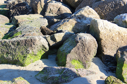 Photo showing a natural sea defence consisting of boulders piled up in front of a sand dune, known as 'rock armour' or 'riprap'.
