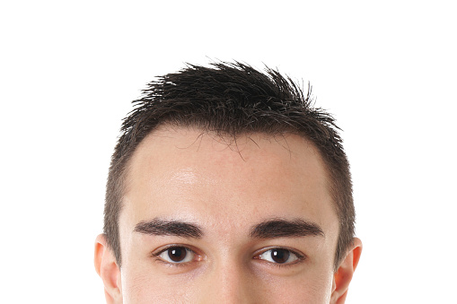 upper part of male face with brown eyes and short dark hair