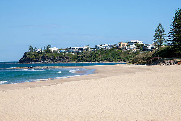Seaside town Seaside town seen across a sandy beach caloundra stock pictures, royalty-free photos & images