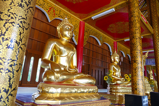 row of golden buddha statue in monastery in  thailand