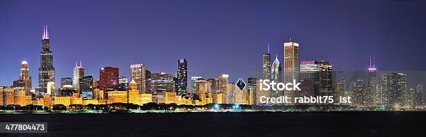 Chicago Night Panorama Stock Photo - Download Image Now - Architecture, Blue, Building Exterior