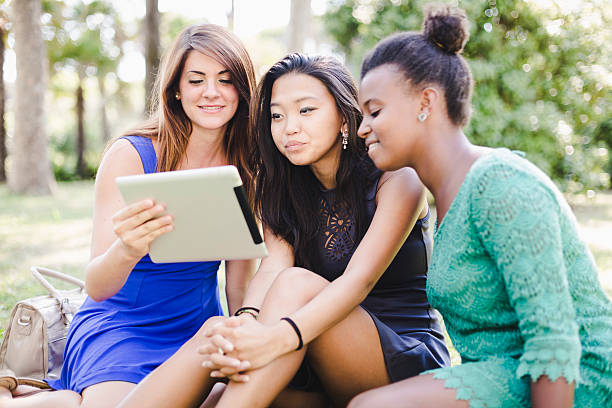 istock Three young women taking self portrait with digital tablet 477806467