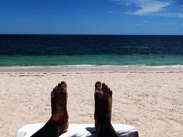 Empty Deck Chairs At Beach Against Clear Sky